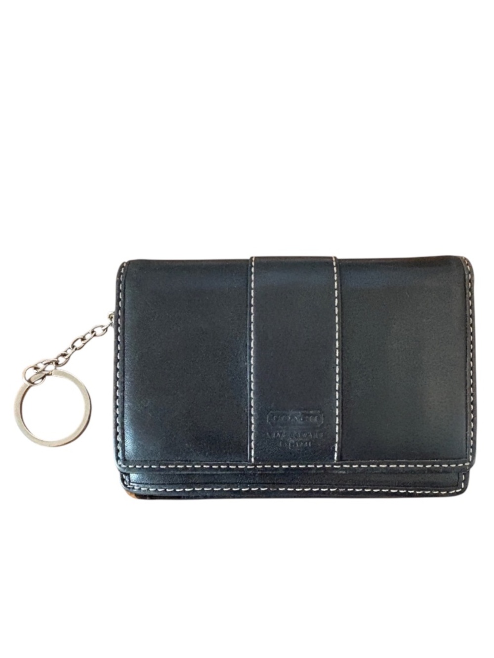Coach Vintage Black Leather Multi Case Snap Wallet Keyring White Contrast Stitch